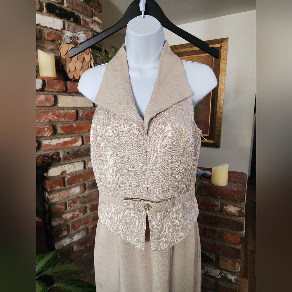 Vintage Aspeed Brocade Halter Maxi Dress Beige & Gold Evening Gown with Rhines - Picture 3 of 14